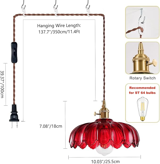 XZHGCEE Plug in Pendant Light: Hanging Light Plug in Red Glass Hanging Lamp, Pendant Lighting for Kitchen Island, Bedroom, Dining Room, Living Room, E26 No Bulb