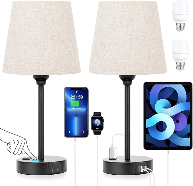 Mini Bedside Lamps for Bedrooms Set of 2 - Nightstand Bedroom Lamps with USB C Port and AC Outlet Charging, Dimmable Touch Small Bed Side Table Lamp, Black Night Stand Light for Kids/Guest Room