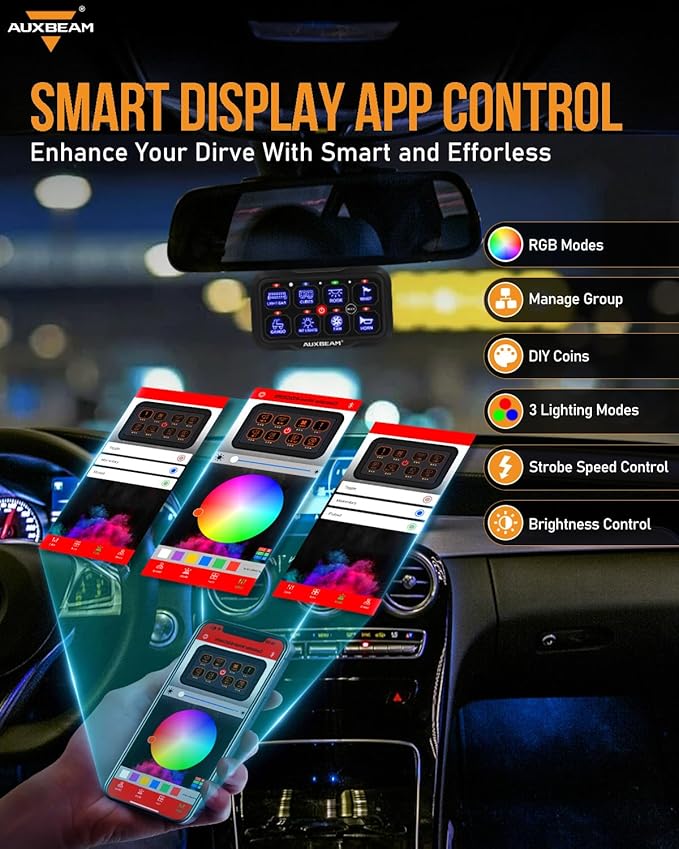 Auxbeam 8 Gang Switch Panel Bluetooth AR-800 RGB APP Control with Backlit Off Toggle Momentary Pulsed Auxiliary Switch Panel for Truck SUV ATV UTV RV Multifunction 12-24V Waterproof 3 Years Warranty