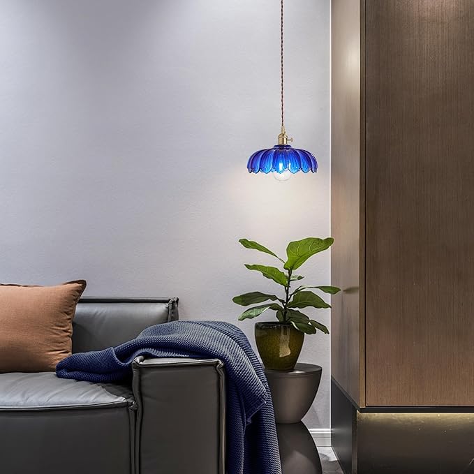 XZHGCEE Plug in Pendant Light: Bule Hanging Light Plug in Fixture Hanging Lamp, Glass Pendant Lighting for Kitchen Island, Bedroom, Dining Room, Living Room, E26 No Bulb