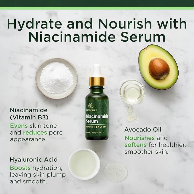 Sérum à la Niacinamide et Vitamine B3 de Tree of Life Beauty, Huile Hydratante pour le Visage contre les Taches Brunes et de Vieillesse, Resserre les Pores, Sérums Visage pour Peaux Sensibles à l'Acide Hyaluronique et Vitamine E, 60 ml