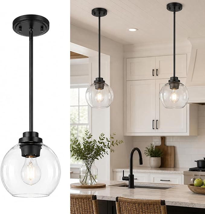 Pendant Lights Kitchen Island, 7" Modern Black Hanging Lights Fixtures with Clear Glass Globe Shade, Kitchen Island Lighting for Bathroom, AD-22280-1P-BK-C