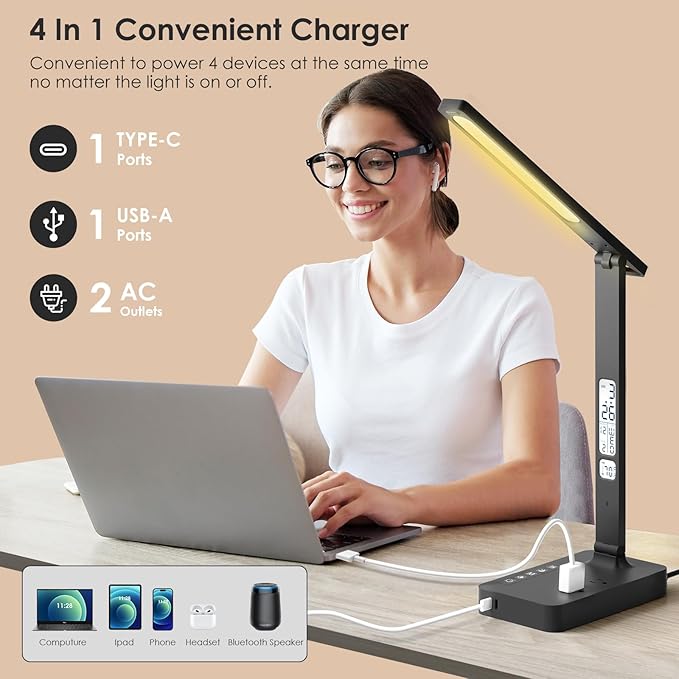 LAOPAO Power Strip with LED Desk Lamp: Table Lamp with Charging Station - 2 Outlets 1 USB-A Ports 1 Type-C Ports, Surge Protection and Led Display, 5ft Extension Cord, 5 Color Modes 5 Brightness