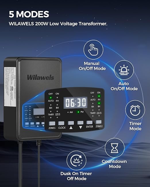 200W Low Voltage Landscape Transformer, 2 Zone Independent Control Landscape Lighting Transformer, 120VAC to 12/14V AC Low Voltage Transformer with Timer & Photocell Sensor ETL Listed D21LT06
