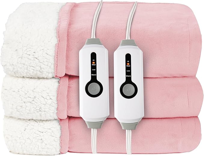 Electric Heated Blanket Queen Size 84"x90", Dual-Sided Coral Fleece & Sherpa Fabric, 4 Heat Settings & 10H Auto Off, Soft Warm for Home, Office, Bed, Couch, Machine Washable, Dual Control, Light Pink