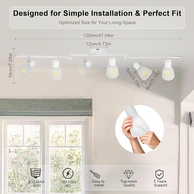 HiBay 6-Light Track Lighting White, Flexible Ceiling Light Fixture w/Glass Shades, Modern Track Spot Lights Indoor for Kitchen, Living Room, Dining Room, E12 Base, No Bulbs