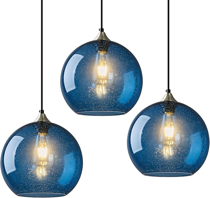 Modern 3-Pack Glass Globe Pendant Lights, Blue Modern Pendant Lighting for Kitchen Island, Clear Glass Hanging Lamps for Dining Room Living Room Bedroom, Large 9.85 Inch Fixture (Bulbs Not Included)