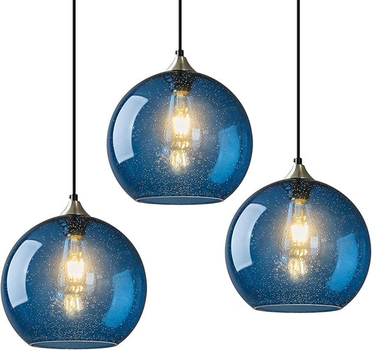 Modern 3-Pack Glass Globe Pendant Lights, Blue Modern Pendant Lighting for Kitchen Island, Clear Glass Hanging Lamps for Dining Room Living Room Bedroom, Large 9.85 Inch Fixture (Bulbs Not Included)