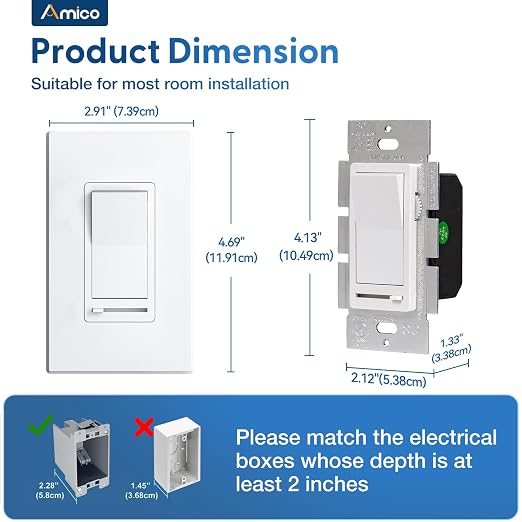 Amico 6 Pack Dimmer Light Switch, Single-Pole or 3-Way Slide Dimmer Switches for Led Lights, Suitable for 150W Dimmable LED/CFL and 600W Incandescent/Halogen, Wall Plate Included, ETL Listed, White