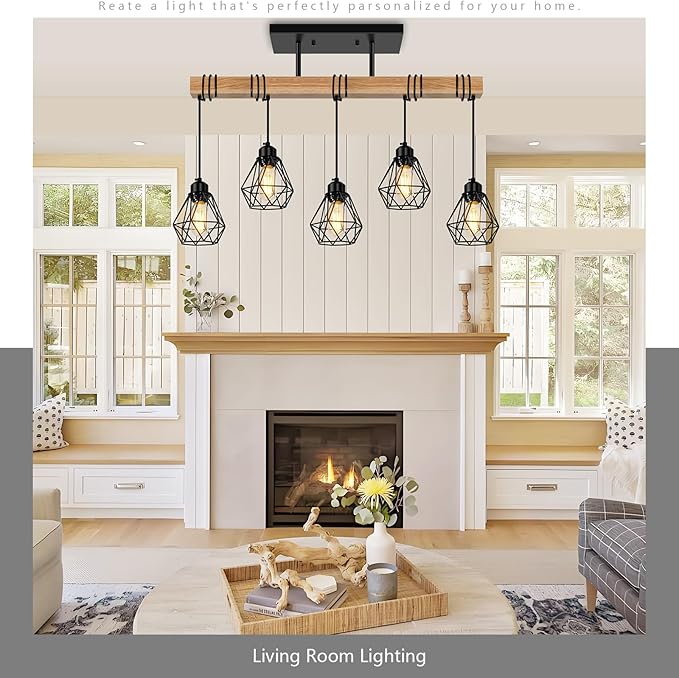 5-Lights Farmhouse Hanging Pendant Light, Dinng Room Light Fixtures for Kitchen Island Lighting Over Table, Black Rustic Wood Ceiling Pendant Lights with Metal Shade for Living Room, Foyer