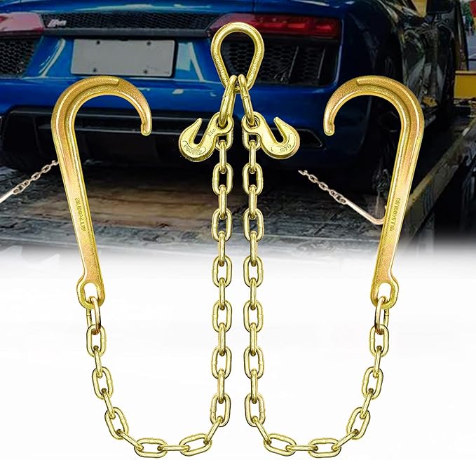 Grade 80 Chain V-Bridle | 5/16In x 2Ft Towing Chains Bridle with J Hooks and Grab Hooks | Tow Chain 5,400LBS Safe Working Load | for Flatbed Truck Rollback Wrecker Carrier