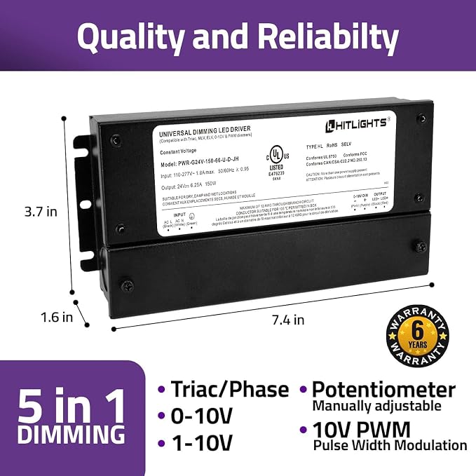 HitLights 150W Dimmable LED Driver, Electronic Transformer, 120V AC to 24V DC Power Supply for LED Strip Light, IP66 Rated, Dimming with TRIAC, 0-10V, 1-10V, Potentiometer, 10V PWM, UL Listed, Class 2