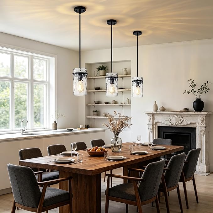 2 Pack 5.5" Black Hammered Hand-Blown Glass Pendant Light Farmhouse Black Pendant Light, Hammered Glass Light Pendant for Dining Room Light Adjustable Pendant Lighting Over Sink