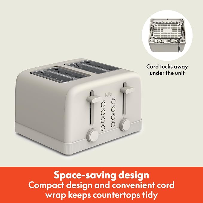 bella 4 Slice Toaster, 6 Setting Shade Control with Reheat & Cancel Buttons, Removable Crumb Tray, Anti Jam & Auto Shutoff, 900 Watt, Oatmilk