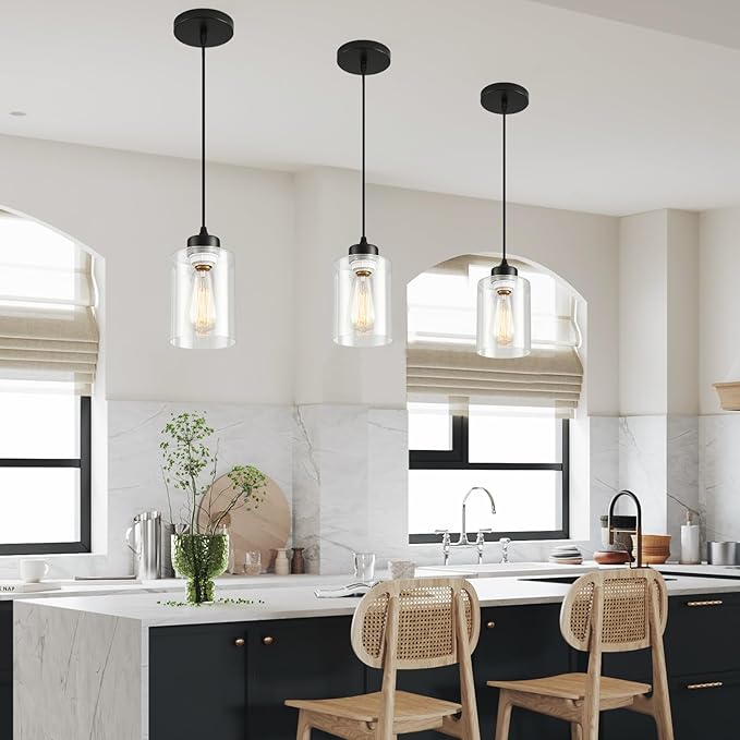 Modern Black Farmhouse Pendant Light with Glass Shade,Industrial Pendant Lighting, Adjustable Hanging Light Fixtures, Farmhouse Pendant Lighting