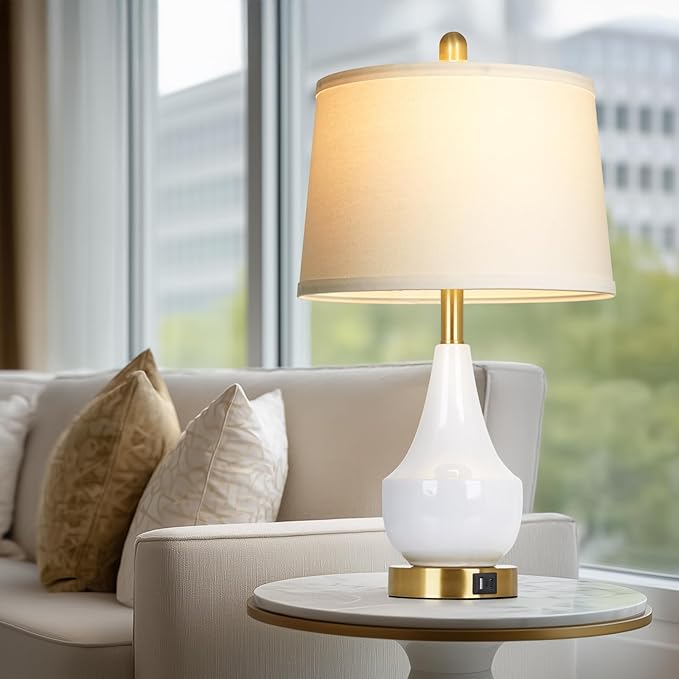 Cinyirong Modern White Table Lamp Set of 2, 24" Ceramic Table Lamp with USB A+C Ports,Classic Beside Lamps Nightstand Lamp Modern Lamp for Living Room, Bedroom & Office -LED Bulbs Included
