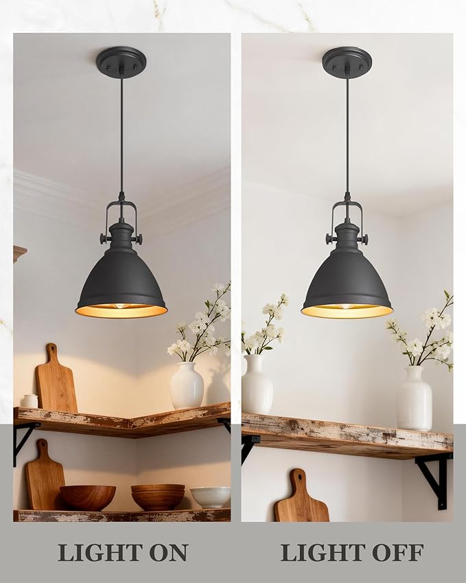 2-Pack Pendant Lights Kitchen Island, 8" Black Hanging Lights Fixtures with Metal Shade, Farmhouse Rustic Kitchen Pendant Lighting Over Island for Dining Room, AD-2151-2PM-BK