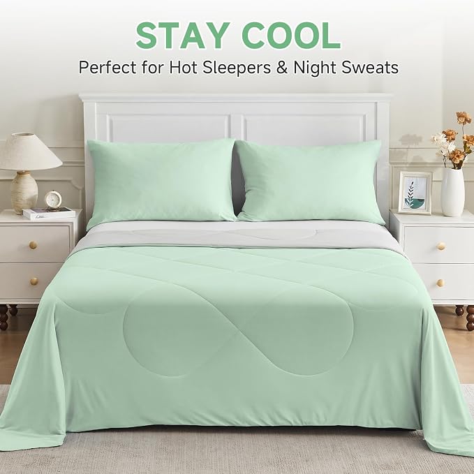 HOMFINE Cooling Comforter Japanese Double-Sided Cold Tech Fabric Cooling Blanket for Night Sweats Hot Sleepers, Q-Max 0.45 Soft Breathable Silky Smooth Lightweight, Green Summer Comforter King