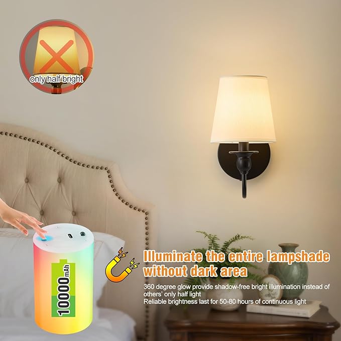 Battery Operated Wall Sconce Set of 2,Wireless Wall Sconces with 10000 mAh,RGB Rechargeable Sconces with Remote,Cordless Wall Lights for Bedroom,Living Room,Bathroom,Renter Friendly Home Decor (Black)