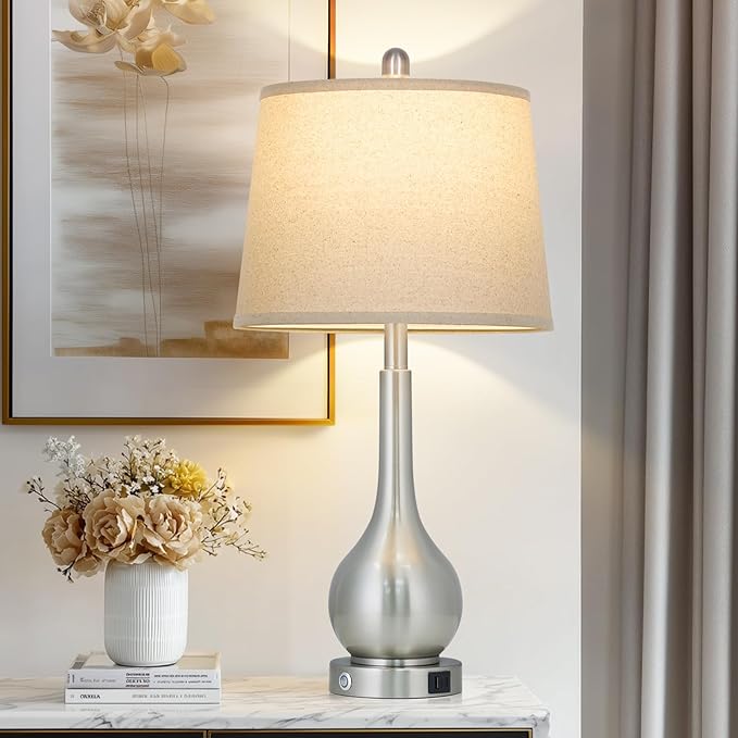 Rinweey 26" Silver Table Lamp for Living Room Single, Touch Control Bedside Lamp with USB Charging Ports, 3-Way Dimmable Brushed Nickel Bedroom Lamp for Nightstand (1 Pack)