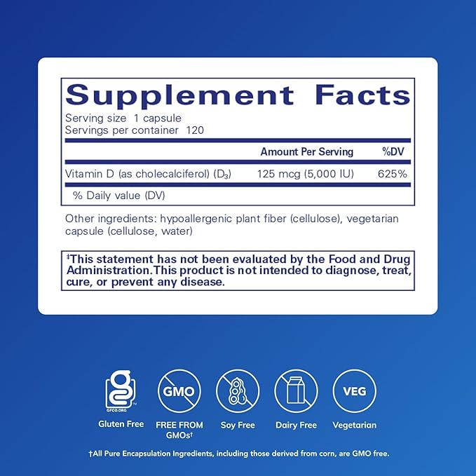 Pure Encapsulations Vitamine D3 125 mcg (5 000 UI) - Complément pour le soutien de la santé des os, des articulations, des seins, du cœur, du côlon et du système immunitaire* - avec vitamine D - 120 gélules