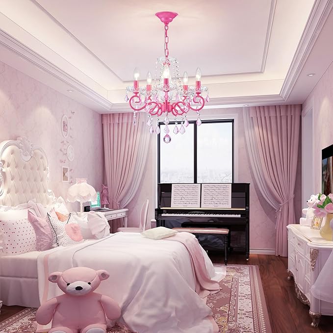 Small Crystal Chandelier, Modern Pink Chandeliers for Dining Room Light Fixture, Mini Crystal Pendant Light Bedroom for Ceiling Light Fixture for Living Room Entryway Kitchen Island Hallway