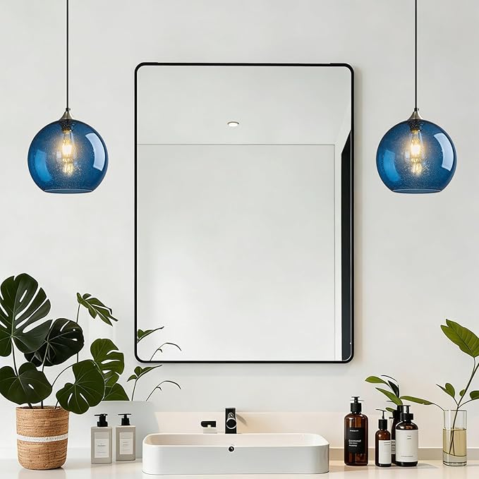 Modern 2-Pack Glass Globe Pendant Lights, Blue Modern Pendant Lighting for Kitchen Island, Clear Glass Hanging Lamps for Dining Room Living Room Bedroom, Medium 5.9 Inch Fixture (Bulbs Not Included)