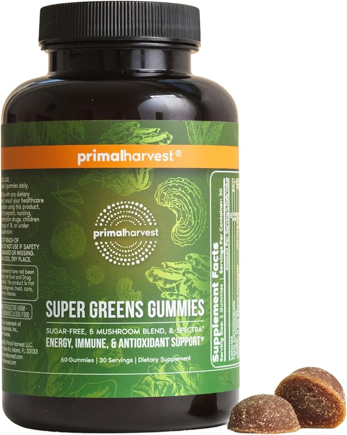 Gummies Super Greens Primal Harvest, mélange de superaliments aux champignons adaptogènes, vitamines et minéraux riches en nutriments et antioxydants pour l'énergie et le soutien immunitaire, 1 paquet de 60 unités.