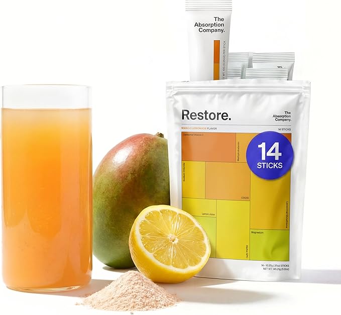 The Absorption Company Electrolyte Powder Packets - Workout Recovery & Hydration Drink Mix with Liposomal Glutathione, Vitamin C & Methylated B Vitamins - Mango Lemonade (14 Sticks)