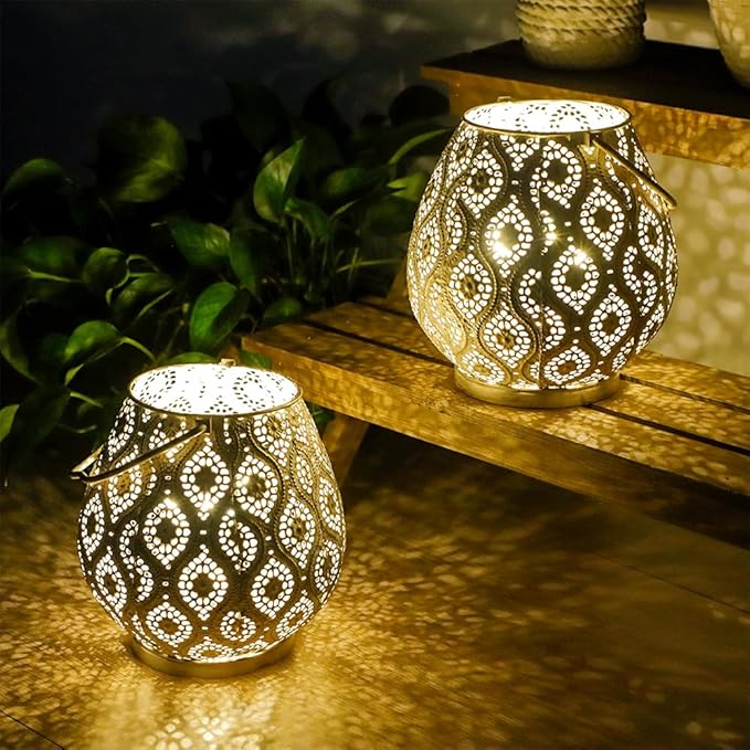 TRIROCKS Set of 12 Moroccan Decorative Lamps 8'' High Battery Powered Cordless Lamp Metal Table Lamps with Fairy Lights Bulb for Home Room Garden Yard Party Events Tabletop Indoor Outdoor(White)