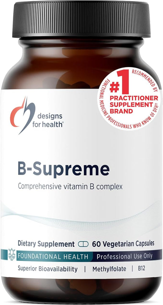 Designs for Health Vitamine B Suprême - Vitamines du complexe B pour le métabolisme, le soutien énergétique et la santé cardiaque - Folate, Vitamine B12, Niacine, Biotine, Vitamine B6 et Thiamine B1 (60 capsules végétaliennes)