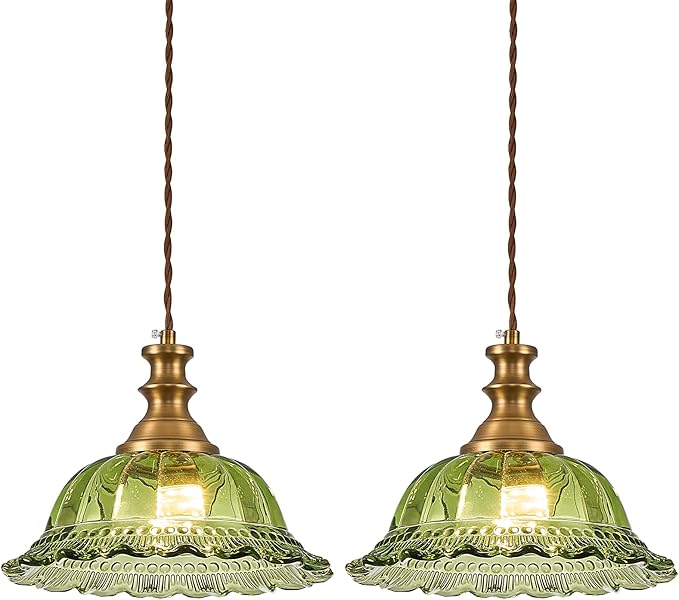 HDDFL Glass Pendant Lights Modern Pendant Lighting Fixtures Hanging Lamp for Kitchen Island Bedroom Dining Room Coffee Shop Hallway Green and Brass 2 Pack