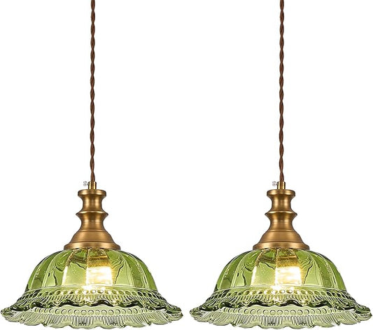 HDDFL Glass Pendant Lights Modern Pendant Lighting Fixtures Hanging Lamp for Kitchen Island Bedroom Dining Room Coffee Shop Hallway Green and Brass 2 Pack