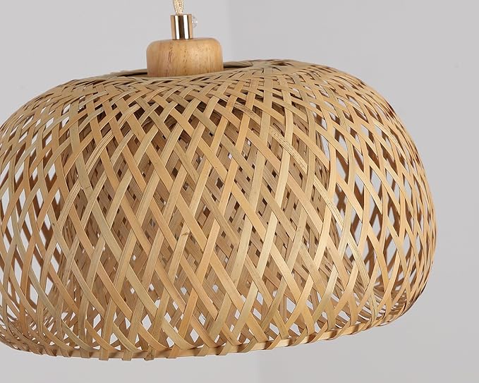 Bamboo Plug in Pendant Light with 14ft Handmade Woven Light Cord, Dimmable Switch, Boho Basket Hanging Lamp for Bedroom Kitchen Island Decor Farmhouse Living Room