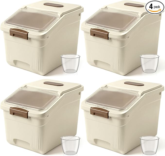 Blushtier 4 Pack Large Rice Storage Containers 30 Lbs Airtight Flour Container with Seal Locking Lid and Measuring Cup Kitchen Dry Food Storage Bins for Cereal Sugar Beans(Butter Yellow)
