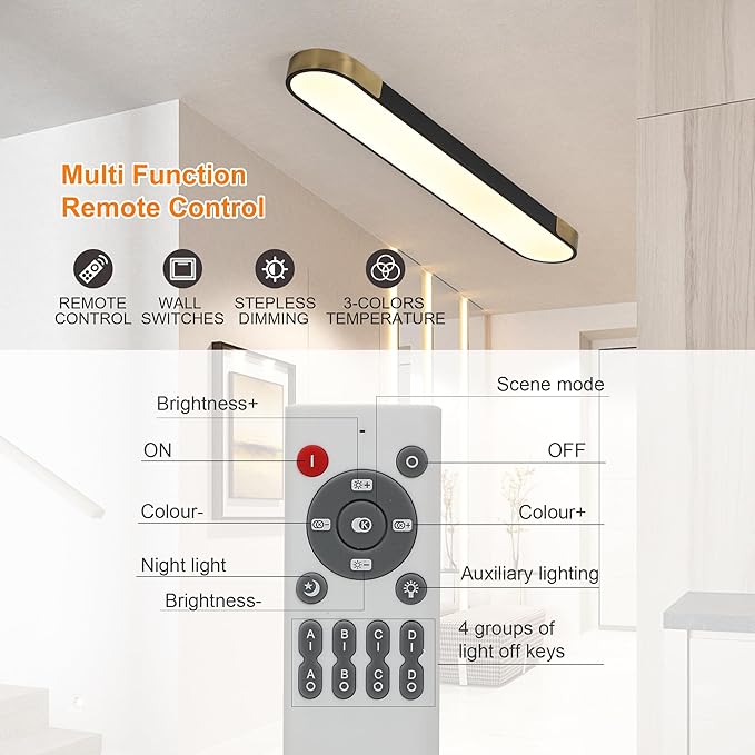Qcyuui 4.59FT LED Flush Mount Kitchen Light Fixtures 65W Dimmable Flush Mount Ceiling Light Fixture Black and Gold Led Ceiling Light Linear LED Ceiling Lamp for Laundry Shop Garage Office