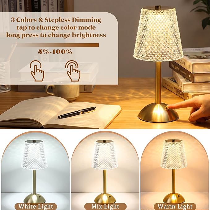 Liliful 2 Pcs Cordless Table Lamp Rechargeable Touch LED Small Gold Portable Battery Operated USB-c Desk Lamp 3 Color Dimmable for Bedroom Living Room Dining (Gold,Crystal Cut Style)
