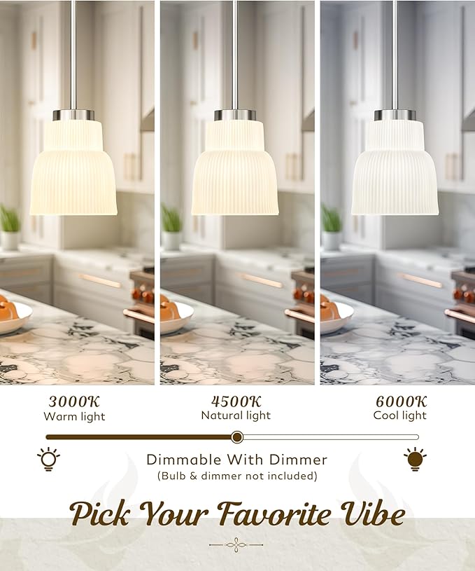 FEMILA 6.7" Milk Glass Pendant Lights Kitchen Island, Brushed Nickel Antique Chandelier, Hanging Light Fixture for Bedroom Hotel Living Room, 4FYD87MIL BN