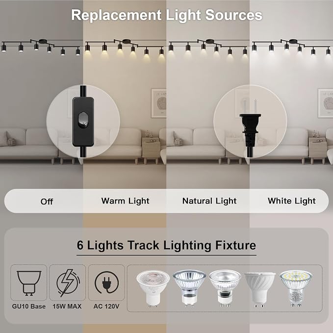 Plug in Track Lighting LED, Track Lighting Fixtures Ceiling, Black 6-Light Kitchen Light Kit, Plug in Wall Light with 14.8ft Power Cord, Rotatable Ceiling Spotlight for Bedroom(GU10 Socket, NO Bulb)