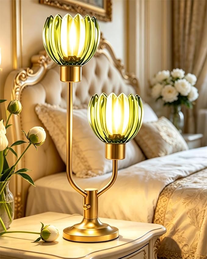 Lightdot Green Glass Flower Table Lamp for Bedroom Dimmable Nightstand Lamp Mid Century Modern Vintage Gold Desk Lamp 2 Bulbs Included Warmwhite Ambient Bedside Lamp for Living Room Home Office Decor