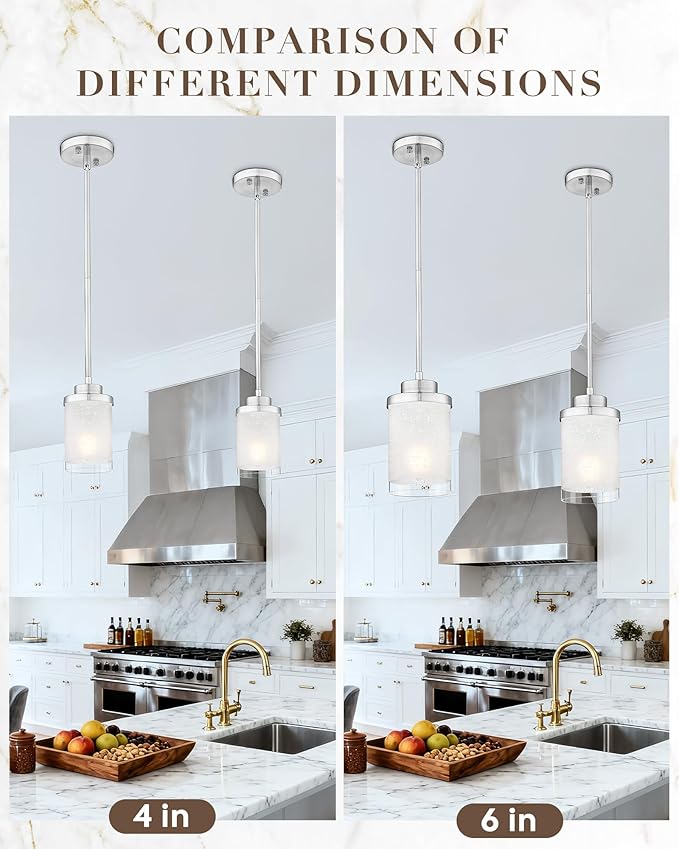 TENGXIN Modern Pendant Light for Kitchen Island, 6 Inch Brushed Nickel Hanging Ceiling Light Fixture,Farmhouse Pendant Lighting for Dining Room Bedroom Bar Office 2Pack,TXPLBN01-2PK-L