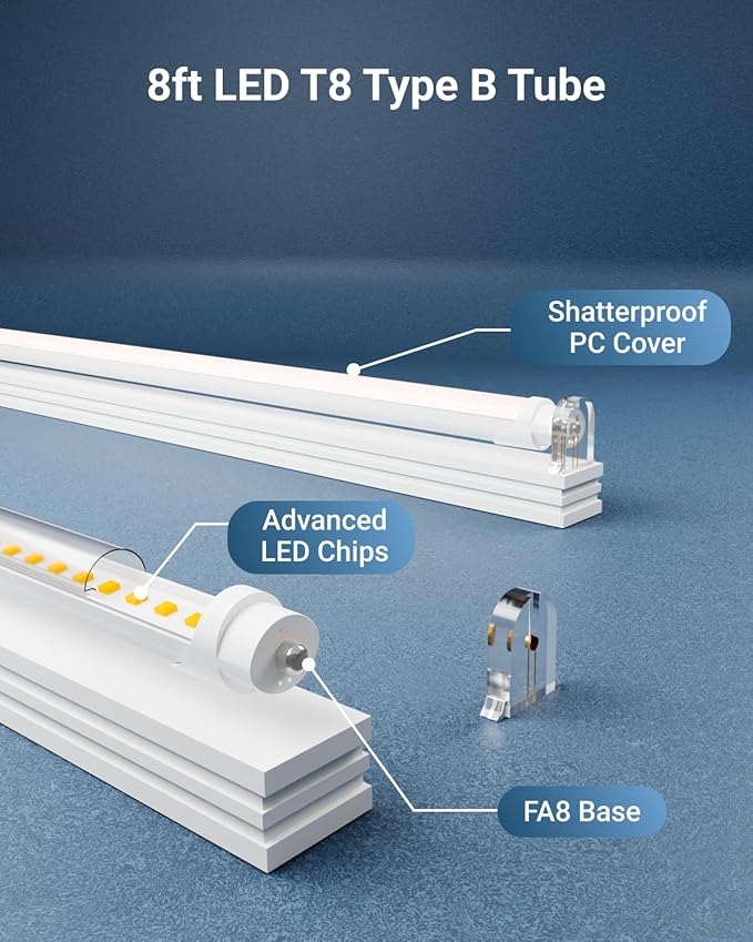Sunco 10 Pack T8 LED Bulbs 8 Foot, Ballast Bypass LED Tubes 8ft, Replacement for T8 Fluorescent Bulbs, FA8 Single Pin Base, 40W, 5500 LM, 4000K Cool White, Double Ended Power, Type B Tubes, ETL.