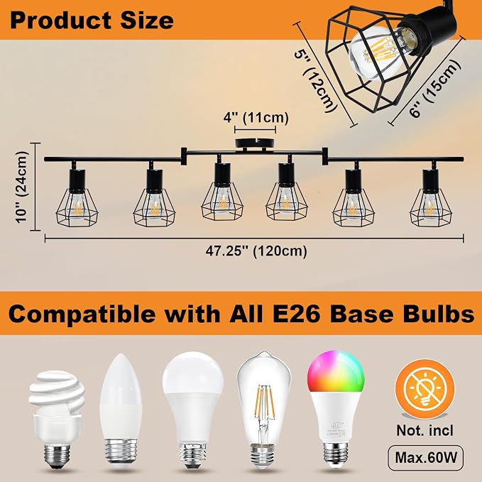 HiBay 6-Light Track Lighting, Directional Rotatable Ceiling Light Fixture, Black Farmhouse Track Spotlight for Kitchen, Bedroom, Living Room, E26 Base (Bulbs Not Included)