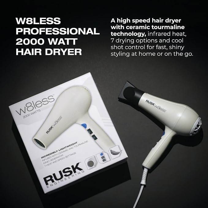 RUSK W8less 2000 Watt Ionic Hair Dryer - Ceramic Tourmaline Technology - Lightweight, Professional Blow Dryer for Fast Drying & Frizz Control (1 ct)