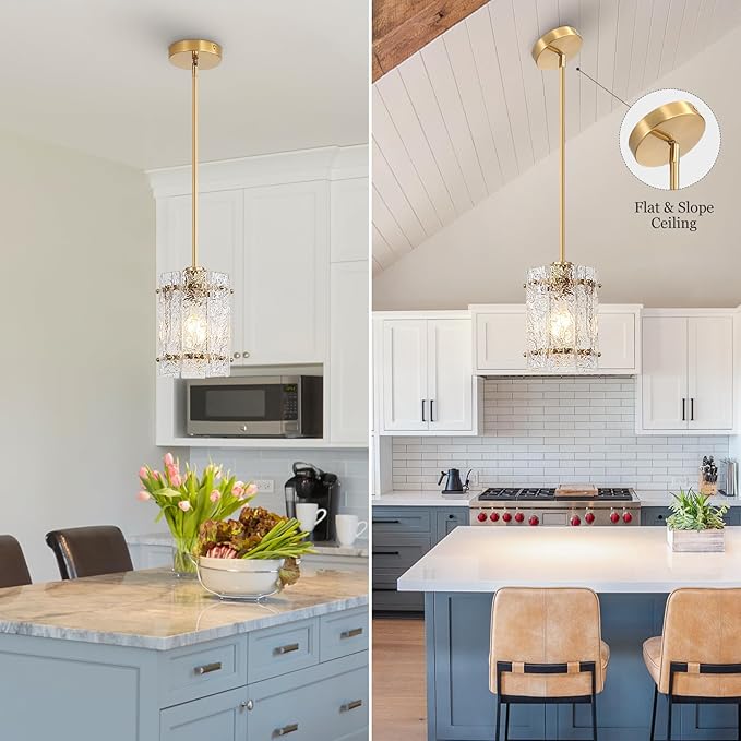 Gold Pendant Lights Kitchen Island, Water Ripple Round Pendant Lights Adjustable Modern Hanging Pendant Light Fixtures for Kitchen Island Dining Room Above Sink Foyer Entryway 2 Pack