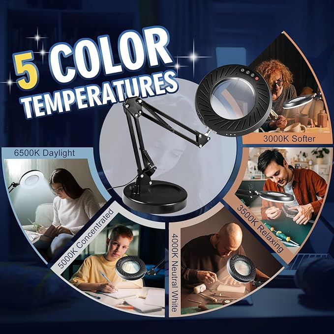 12X Magnifying Glass with Light and Stand, 144 LEDs Brightest Desktop Magnifying Lamp, 10 Dimmable Brightness 5 Color Modes, Hands Free Metal Swing Arm Desk Lamp for Craft Reading Painting (black)