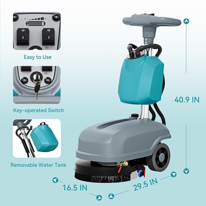 15" Walk Behind Floor Scrubber Machine, 23" Squeegee, 6 Gal Dirty Water Tank Capacity, Floor Scrubber with Brushes, Hard Floor Scrubbers for Office Cafe Boutique Clinic Commercial Tight Space