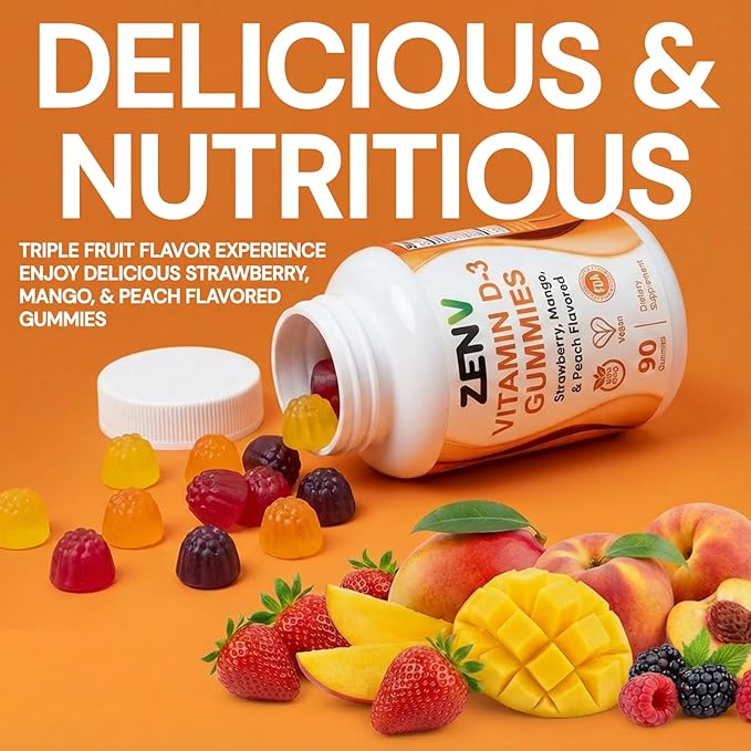 ZENV Vitamin D3 Gummies, Immune & Bone Support Dietary Supplement, Mixed Berry Mango & Peach Flavor, Non-GMO, Gluten Free, 90 Count