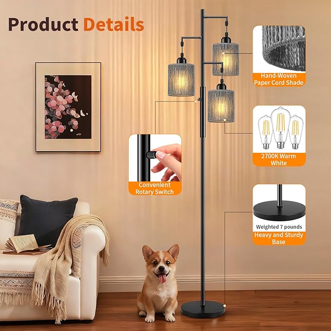 Hotsonic 72" Tall Boho Rattan Style Floor Lamp with Hand-Woven Paper Cord Shade, Dimmable Industrial Tree Standing Lamp for Living Room, Bedroom, Study Room, Office (3 x 800LM Bulbs Included) - Black