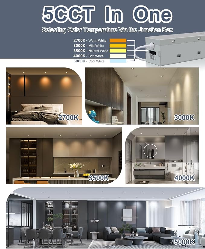Aosclex 2 Inch 5CCT Anti-Glare LED Recessed Lights, IP65 Waterproof, 2700K-5000K Selectable, 8W 840LM CRI90+, Dimmable Canless Downlight with Jbox, ETL & FCC & Energy Star Certified（Black, 12 Pack）